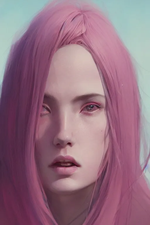 Image similar to a beautiful portrait of an attractive women with long white hair and deep pink eye colour by greg rutkowski, sung choi, mitchell mohrhauser, maciej kuciara, johnson ting, maxim verehin, peter konig, 8 k photorealistic, cinematic lighting, hd, high details, dramatic, atmosphereric, trending on artstation