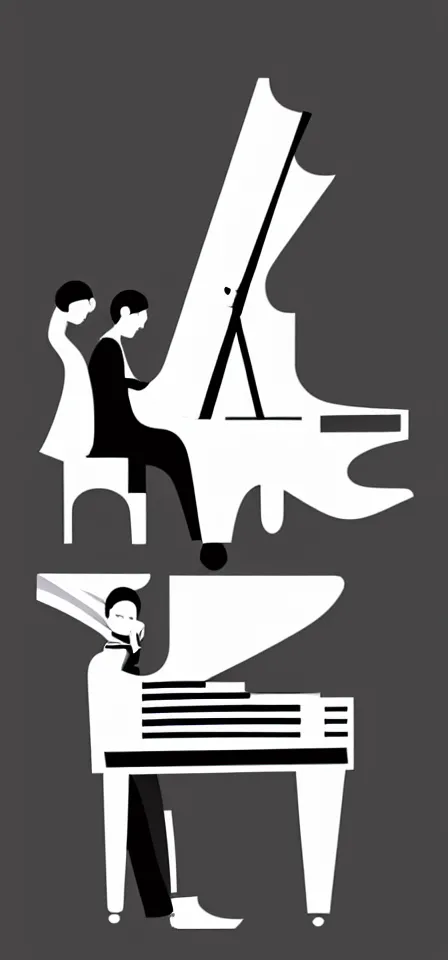 Prompt: fine line vector illustration of a very tiny white line pianist, blank black background, no detail, simple art,