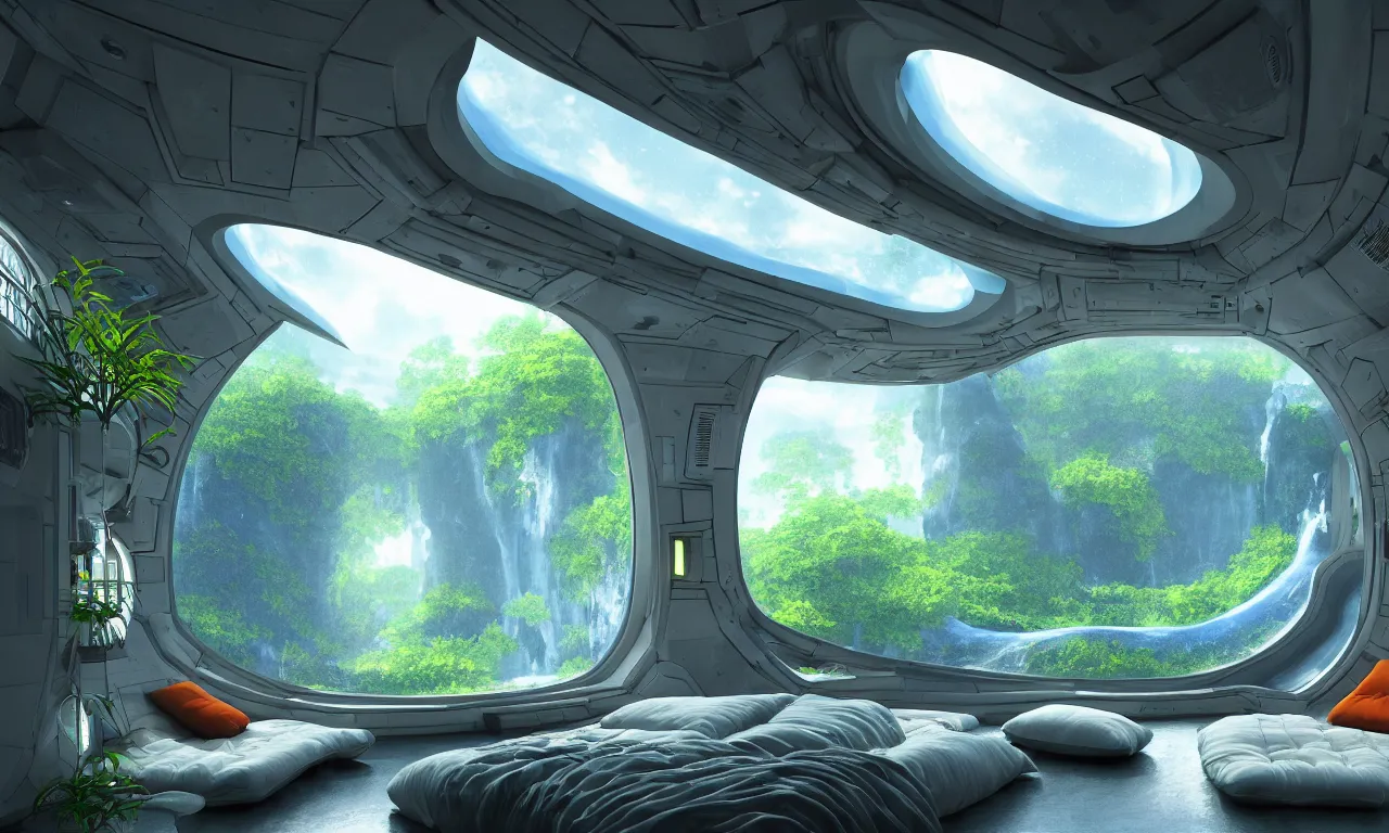 Prompt: cozy space inside of a spaceship for humans, massive square windows to space, colorful detail, artistic walls, some straight edges, natural, plants, water features, waterfalls, 4 k, transcendent, trending on artstation, photorealistic, award winning, hyper detailed, rule of thirds, dramatic, volumetric lighting, octane render