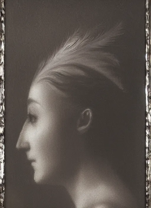 Image similar to a woman's face in profile, made of exotic silver feathers, in the style of the Dutch masters and Gregory Crewdson, dark and moody