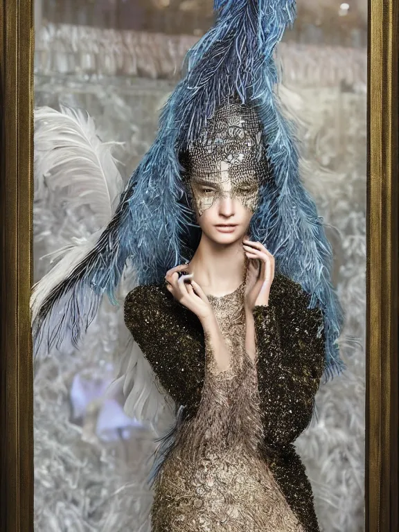 Image similar to realistic 3d character render of a beautiful model in the bergdorf goodman windows, veiled, embellished sequined,feather-adorned,by tom bagshaw,Cedric Peyravernay,William Holman Hunt,William Morris,Catherine Nolin,metropolis,Gucci,Dior,trending on pinterest,maximalist,glittering,feminine