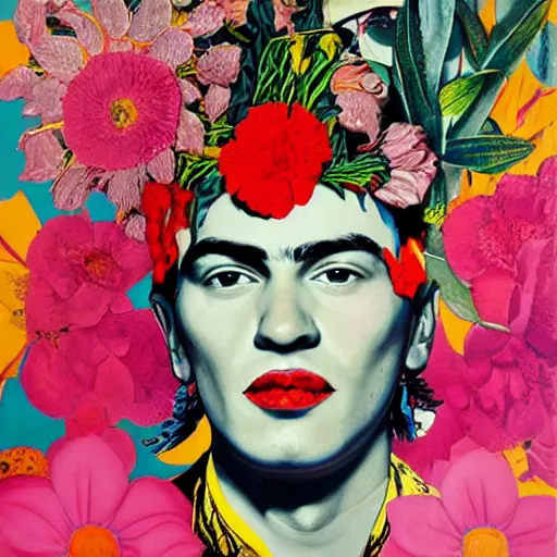 Prompt: detailed oil painting of matgot robbie in detail with flowers by james jean, by andy warhol, by frida kahlo