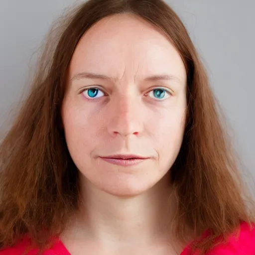 Image similar to Frontal portrait of a woman without distinct pupils: her eyes are entirely white.