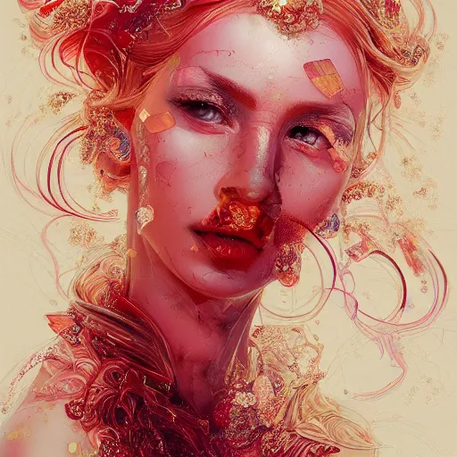 Prompt: abstract highly detailed female drawing made of white marble and red crystals quartz and minerals, ethereal lights, fine details, artstation, digital paint, fantasy, artstation, design, illustration, 8 k, intricate golden filigree, octane render, hypperrealistic painting, abstract liquid, concept art, painting by james gilleard and minna sundberg