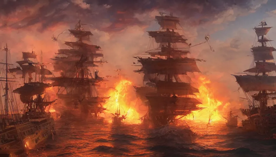 Image similar to A highly detailed matte painting of huge pirate ship battle with fire, smokes and explosions by Studio Ghibli, Makoto Shinkai, by Artgerm, by WLOP, by Greg Rutkowski, volumetric lighting, octane render, 4K resolution, trending on artstation, masterpiece