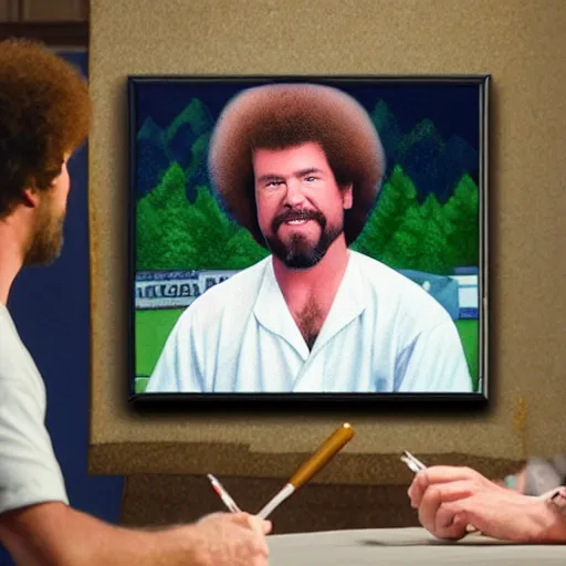 Image similar to a closeup photorealistic photograph of bob ross crafting an image of kenny powers autographing a baseball, painting on a canvas. mountains and trees. film still. brightly lit scene. this 4 k hd image is trending on artstation, featured on behance, well - rendered, extra crisp, features intricate detail, epic composition and the style of unreal engine.