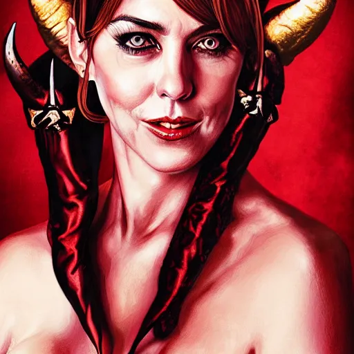 Image similar to illustrated realistic portrait of young Elizabeth Hurley as the Devil with horns wearing red flaming silk by rossdraws