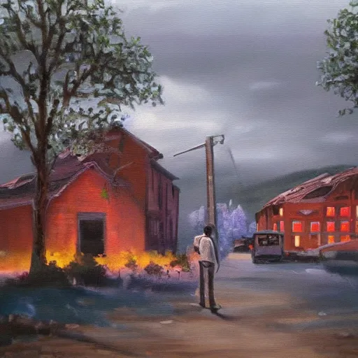 Image similar to a small town for the last remaining humans on the planet oil painting