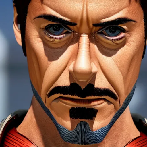 Image similar to tony stark wearking makup in the gay parade, 8k resolution, close-up shot, hyper-detailed