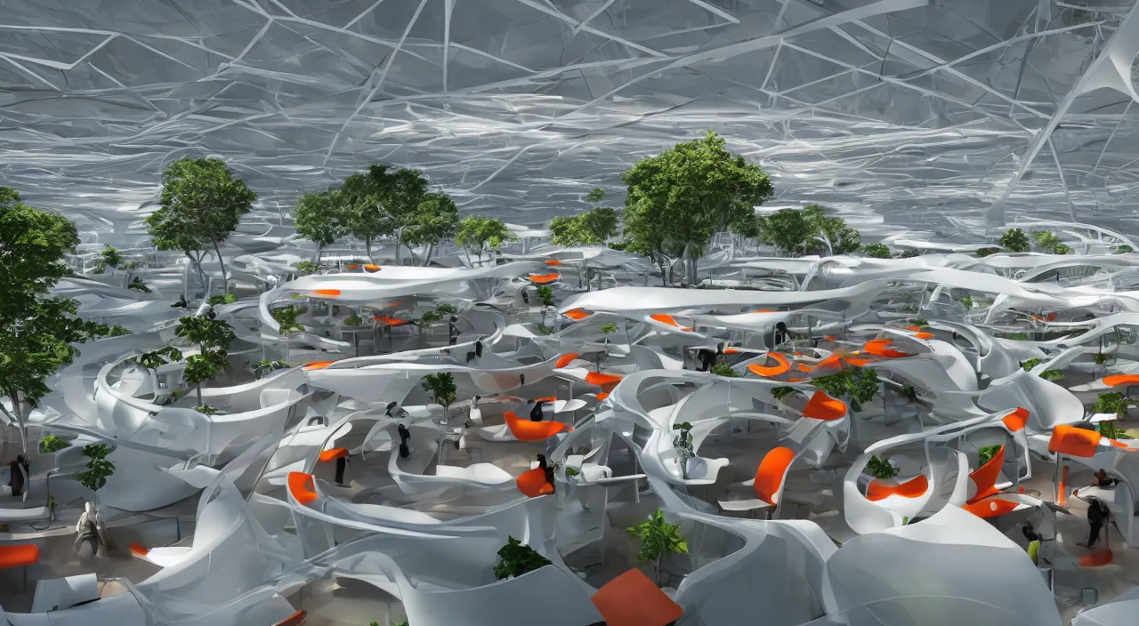 Image similar to futuristic open office with parks and plants, glowing computer screens, made with glossy white plastic and large windows and voluminous light and light rays, extremely intricate, very detailed, in style of zaha hadid, artstation, octane render, with reds and oranges, cinematic lighting