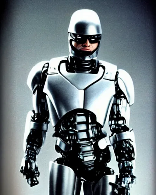 Image similar to film still close - up shot of dwayne johnson as robocop from the movie robocop. photographic, photography