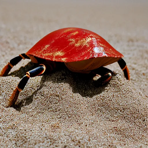 Image similar to An extreme close up of a large hermit crab in the sand, high DOF, National Geographic, F 1.8, Kodak Portra