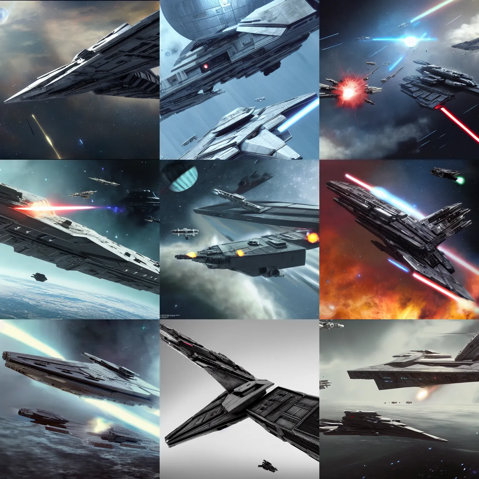 Prompt: a deep space battle, battlestar galactica vs star wars imperial cruiser, imax, 7 0 mm, photorealistic, trending on artstation, movie still