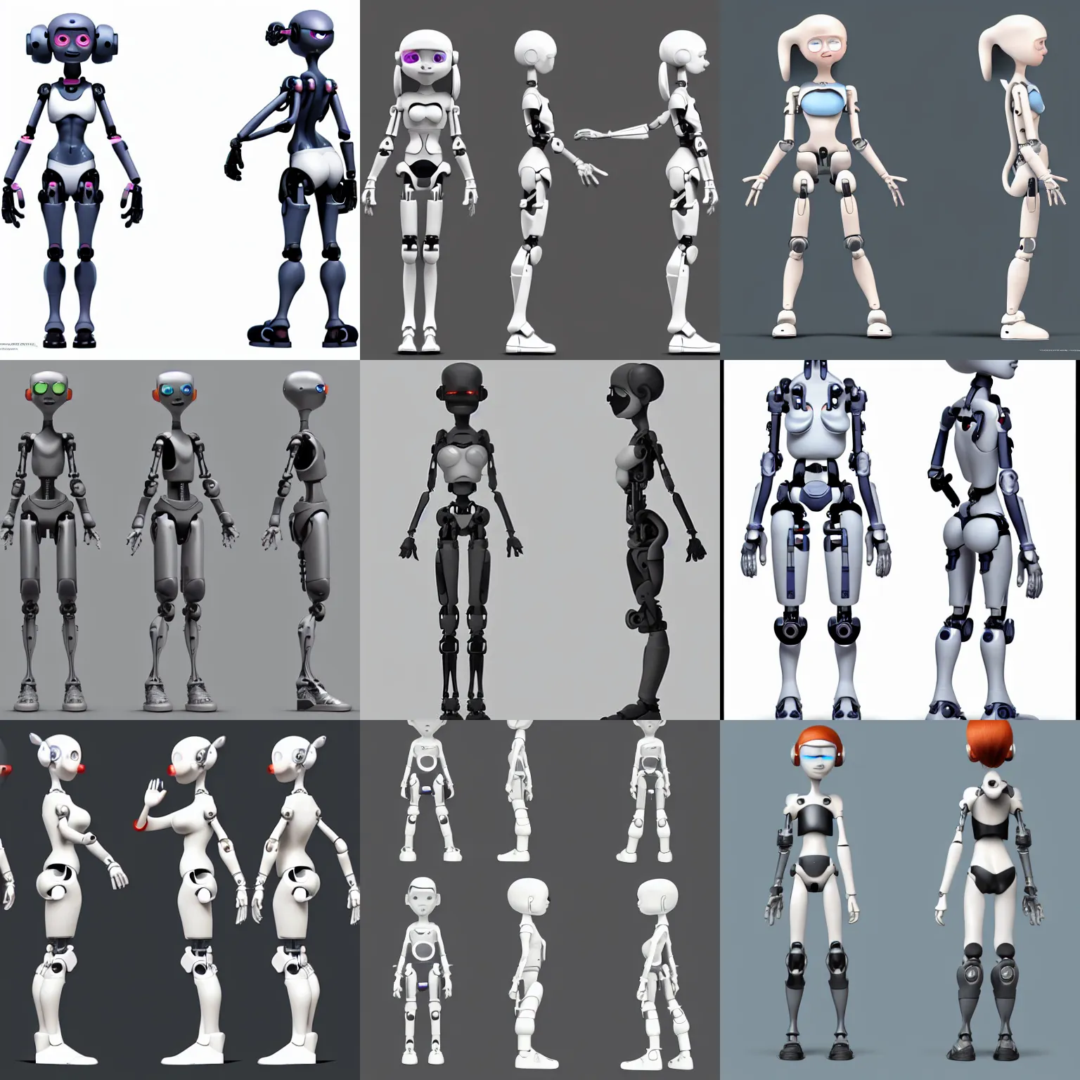 Prompt: A cute cyborg resembling a girl by pixar animation studio, character design, only front and side view model sheet, detailed skin, simpe hands, short hair, white background, award on CGSociety, EXPOSÉ