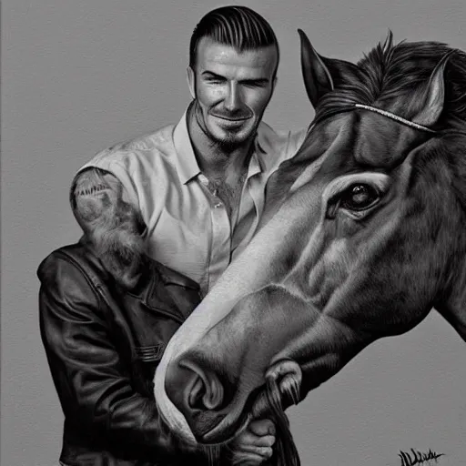 Prompt: beautiful lifelike painting of david beckham human horse centaur, majestic cinematic, hyperreal detailed facial features and uv lighting, art by ed roth and basil wolverton