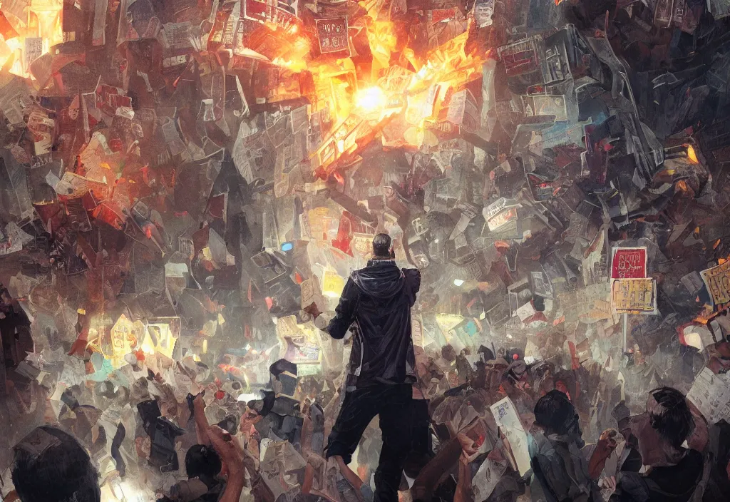 Image similar to angry protester holding placard, detailed digital illustration by greg rutkowski, medium shot, android netrunner