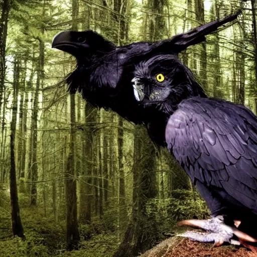 Image similar to !!! chimera consisting of male human and crow, photograph captured in a forest