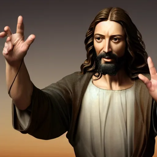 Image similar to uhd real 8 k photo of jesus flipping people off, digital art, portrait, portrait concept art, special effects, finely detailed, studio lighting, correct details, correct face, real jesus