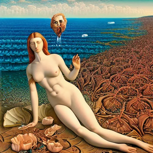 Prompt: THE BIRTH OF VENUS by jacek yerka, alex gray, zdzisław beksiński, dariusz zawadzki, jeffrey smith and h.r. giger, oil on canvas, 8k highly professionally detailed, trending on artstation