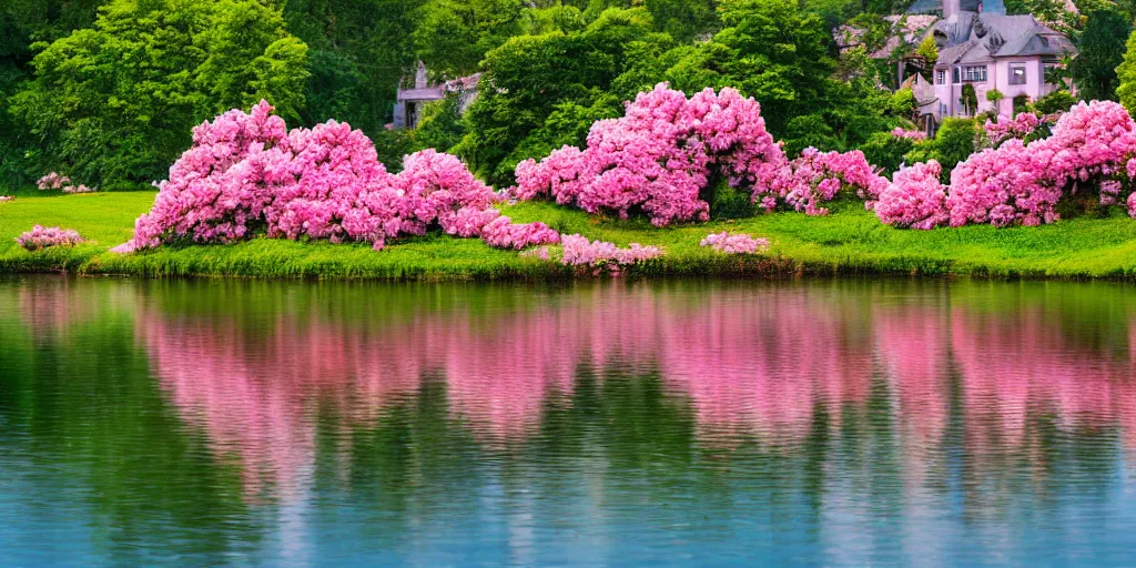 Image similar to summer manor with peony flowers and lake, bokeh