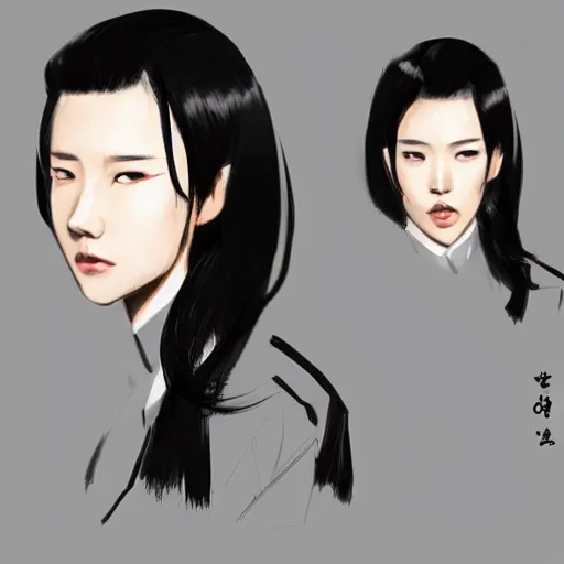 Prompt: portrait of a beautiful korean girl wearing a men's tuxedo, with bangs, very long hair and bangs, angular features, angry expression, dramatic lighting, illustration by Greg rutkowski, yoji shinkawa, 4k, digital art, concept art, trending on artstation