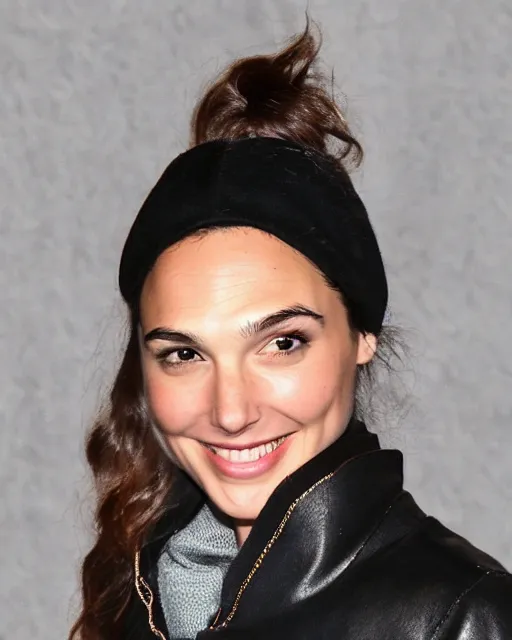 Prompt: headshot of a smiling, gal gadot, she is wearing a leather bomber cap on her head, she is also wearing an a 2 flight jacket, a long green wool scarf is wrapped around her neck