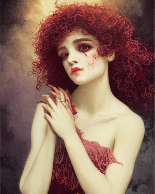 Image similar to a beautiful but sinister girl in layers of fear, with haunted eyes and curly hair, 1 9 7 0 s, seventies, delicate embellishments, a little blood, crimson, painterly, offset printing technique, by alexandre cabanel