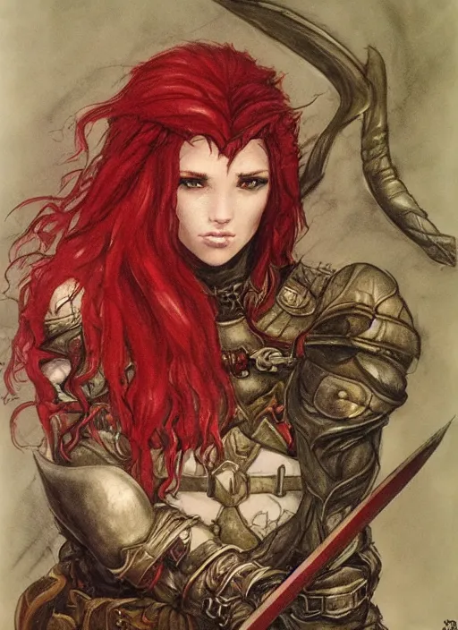 Image similar to portrait of strong female ranger, beautiful! coherent! dungeons and dragons character, by brian froud, strong line, deep color, leather armor, short red hair, high contrast