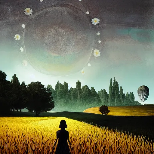 Image similar to giant black daisy flower as a head, girl walking in wheat field, hills, surreal photography, dark night, star trails, dramatic light, impressionist painting, clouds, digital painting, artstation, simon stalenhag