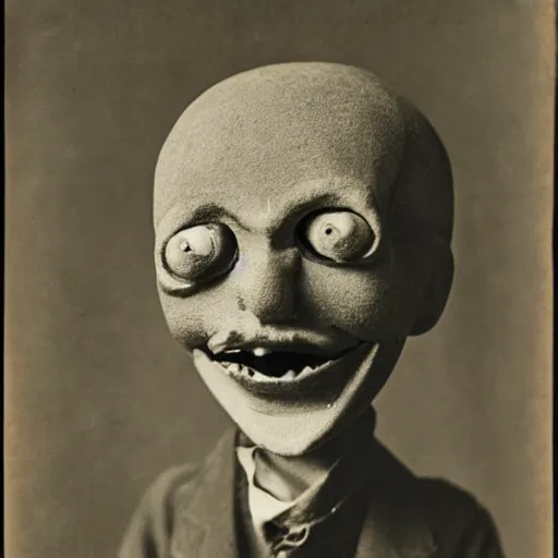 Prompt: a ventriloquist figure, ventriloquist dummy head, smiling, photograph, style of atget, nightmare, concept art, creepy