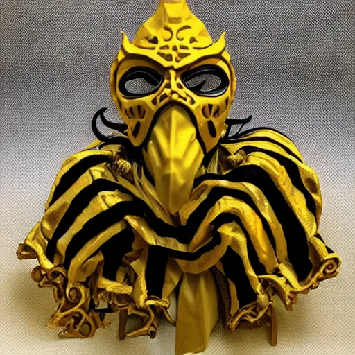 Prompt: eldritch king in mask and robes, gold yellow and black colour scheme, oil - paint style