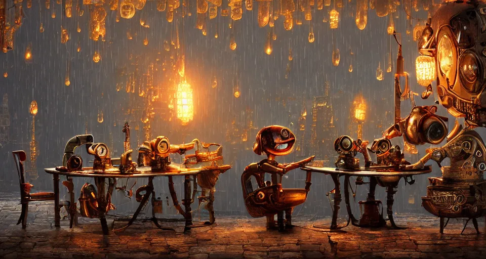 Image similar to a beautiful tapestry, a small robot playing 3 d multi layer chess, ultra detailed, atmospheric lighting, rain, steampunk, moody, candles, characters from machinarium, by don bluth, trending on artstation, octane render, 8 k, ultra realistic