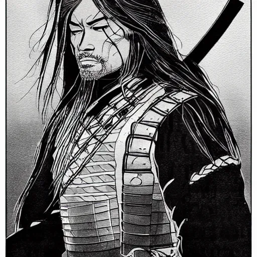 Prompt: male samurai with long hair, character portrait, ink drawing, black and white, concept art by tim bradstreet