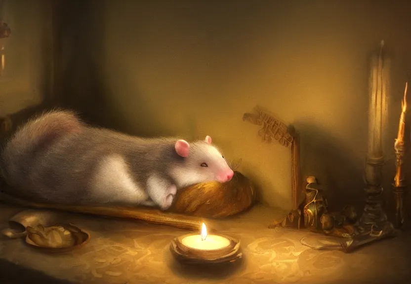 Image similar to cute possum sleeping on a bed in a medieval cluttered cottage at night under the dim light of a candle, dark fantasy, dreaming illusion, trending on artstation