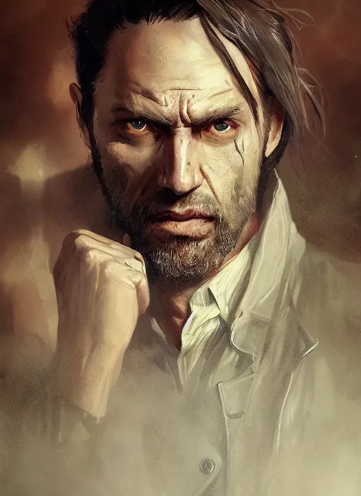 Prompt: portrait of a rugged man in a trenchcoat, highly detailed, fantasy, godrays, cinematic lighting, close up, volumetric, realistic, digital art by greg rutkowski