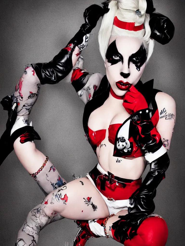 Prompt: pinup portrait of lady gaga as harley quinn, fashion photography,