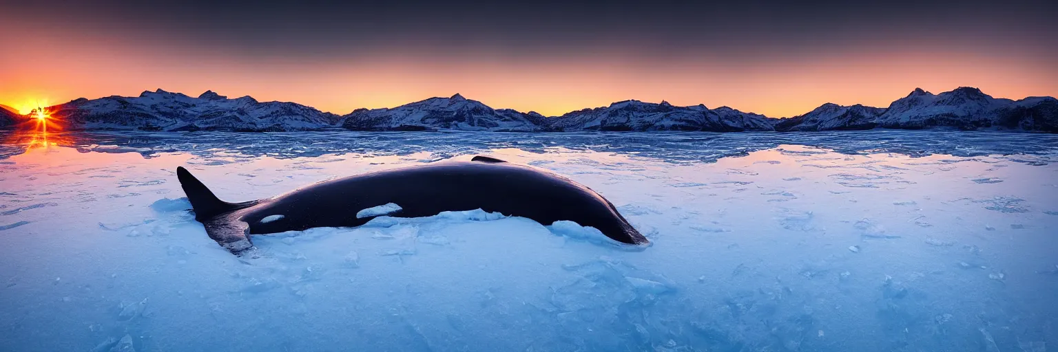 Image similar to amazing landscape photo of a frozen whale underneath a frozen lake at sunset by marc adamus beautiful dramatic lighting