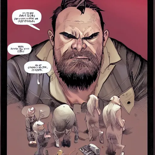 Image similar to portrait of an angry man with rhino horn, wide shot saga comic, fiona staples