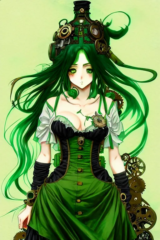 Image similar to beautiful green hair anime woman victorian dress, steampunk, fantasy, eerie, intricate details, pixiv, digital painting, artstation, concept art, 8 k, art by artgerm, loish and alohonse mucha and eiichiro oda