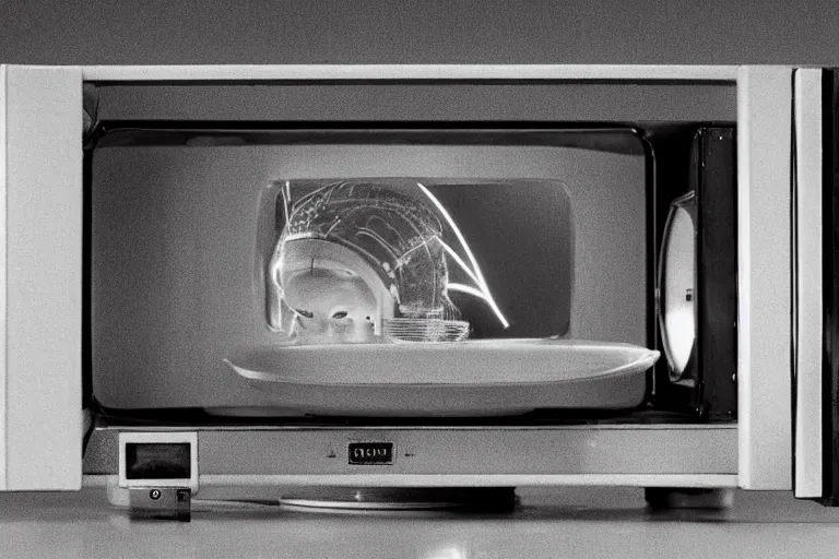 Image similar to retro robot sticking her head inside of a microwave, from 2001, bathed in the glow of a crt television, low-light photograph, in the style of jack bridgeland