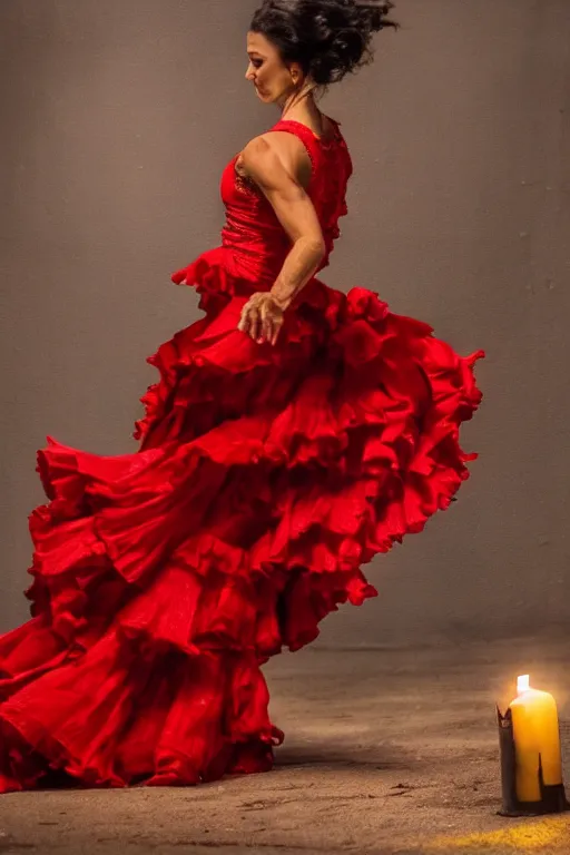 Prompt: detailed oil painting of spanish flamenco dancer in mallorca wearing a red dress caught on fire, dimly lit by candles on the ground, looking away, dark shadows, ethereal, slr, 4 k, high definition