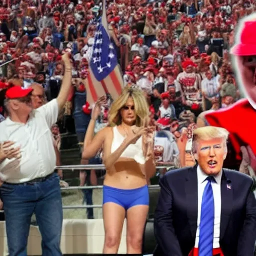 Prompt: donald trump wearing diapers while red necks cheering around