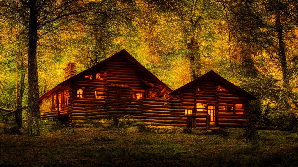 Prompt: portrait of an ethereal log cabin made of golden purple and green light, evergreen forest, divine, cyberspace, mysterious, high-contrast, 4k, award-winning photograph