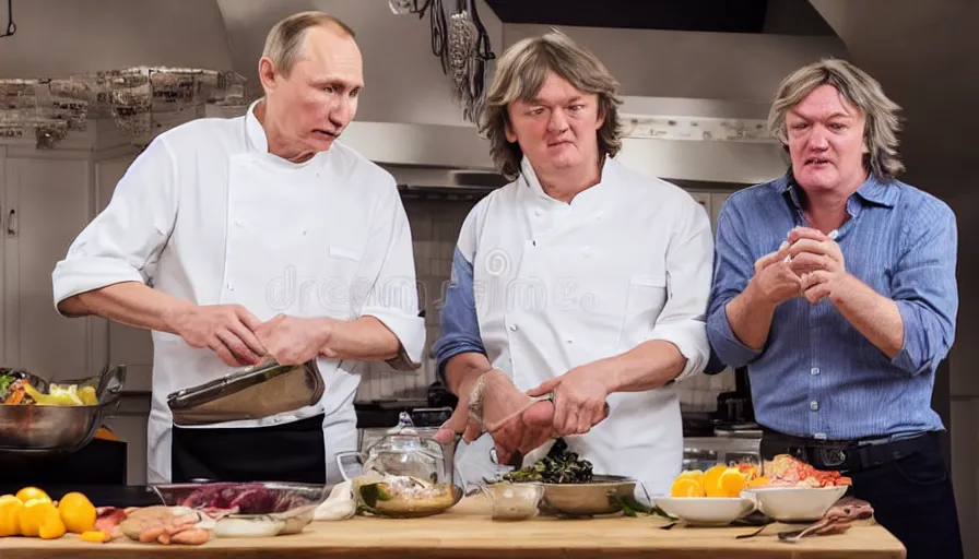 Prompt: vladimir putin and james may in white apron in kitchen cooking dinner. stock photo, high key lighting, photograph