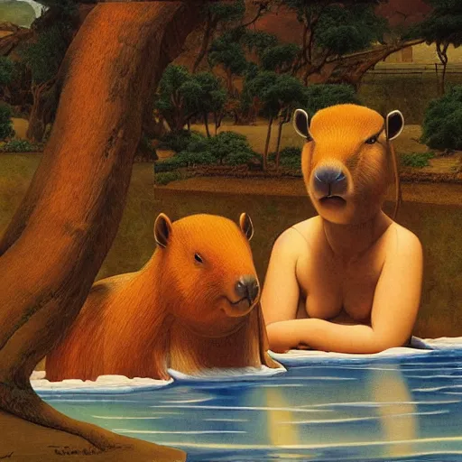 Image similar to a painting of capybaras at the japanese hot springs by thomas blackshear