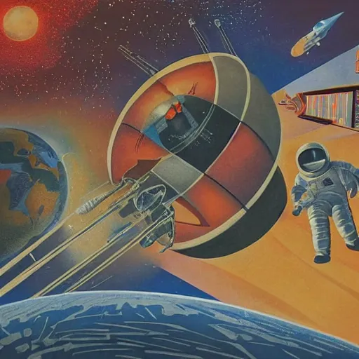 Prompt: rough texture, tempera, rockets, astronauts and space colonies, utopian, by david a. hardy, wpa, public works mural, socialist, propaganda