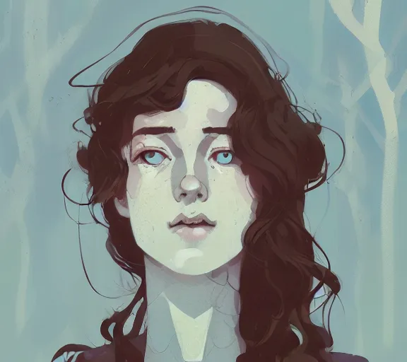 Image similar to portrait woman with long ginger curly hair in the woods, by atey ghailan, by greg rutkowski, by greg tocchini, by james gilleard, by joe fenton, by kaethe butcher, by ashley wood, dynamic lighting, gradient light blue, brown, blonde cream and white color scheme, grunge aesthetic