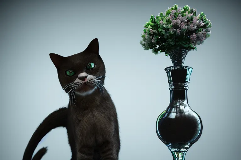 Image similar to Evil cat attacks the vase, concept art, dramatic lighting, trending on artstation, 4k, hyperrealistic, focused, extreme details,unreal engine 5, cinematic, masterpiece