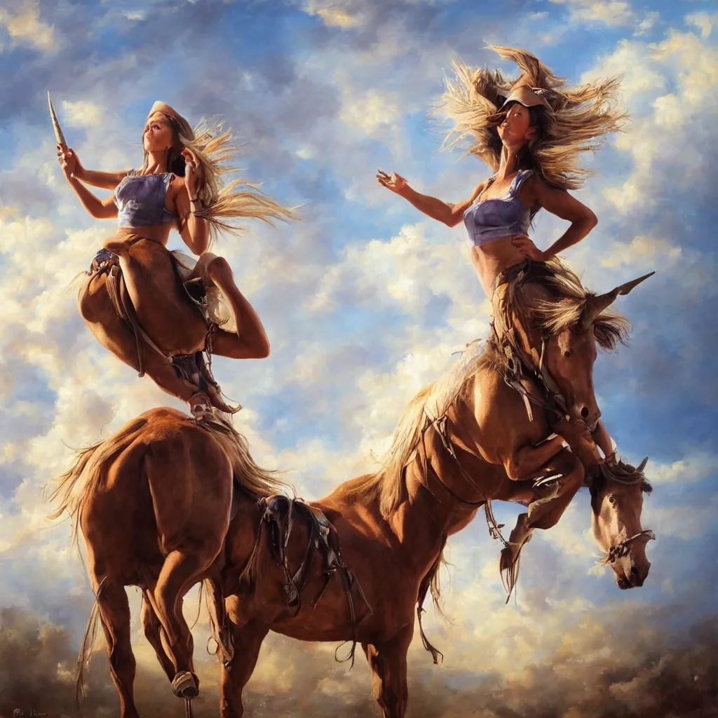 Prompt: Mark Magiori oil painting of a cowgirl on a unicorn, supercell cloud, extremely beautiful, amazing painting, HD, 8K, very detailed, photorealistic, hyperrealism