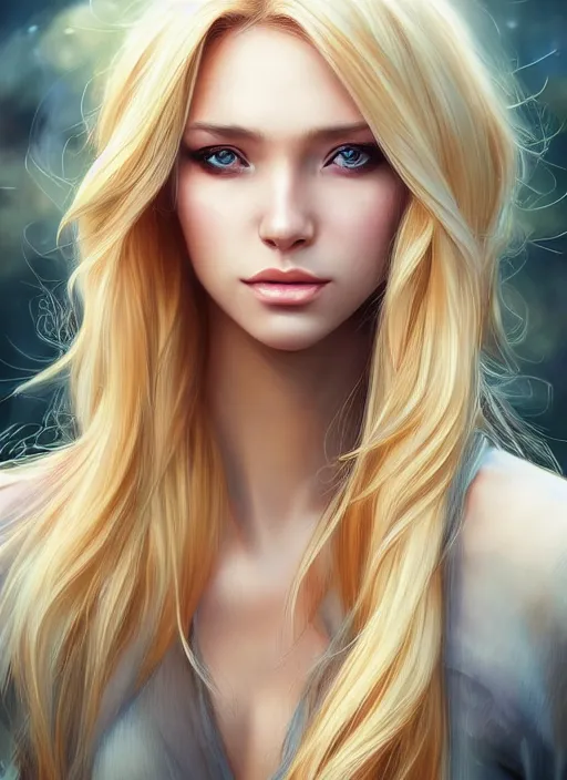 Image similar to photo of a gorgeous female with long blonde hair in the style of stefan kostic, realistic, full body shot, wide angle, sharp focus, 8 k high definition, insanely detailed, intricate, elegant, art by stanley lau and artgerm, floating embers